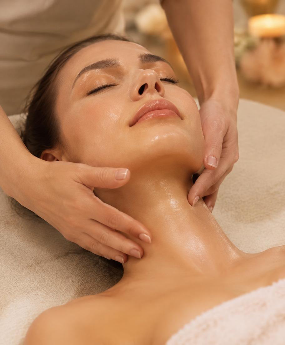 Gentle lymphatic drainage on the neck and jawline
